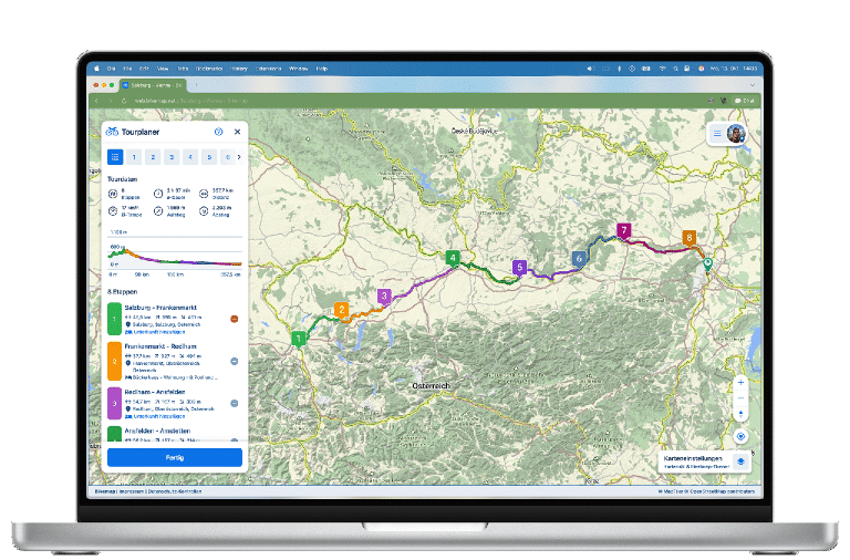 Screenshot / Pressefoto der Tourplanungsansicht von Bikemap