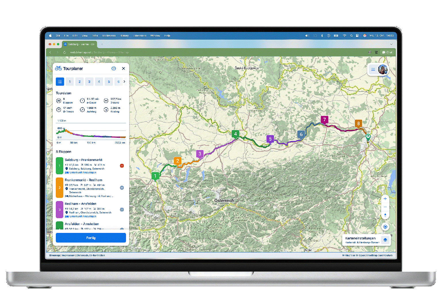 Screenshot / Pressefoto der Tourplanungsansicht von Bikemap